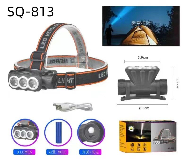 Fishing Headlamp USD Rechargeable Flashlight 1865 Lithium Battery Camping Night Run Patrol Light carry 2 lights 3 lights